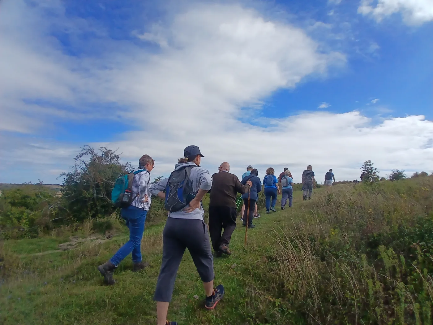 Walkers heading uphill in single file along a grassy path under a blue sky